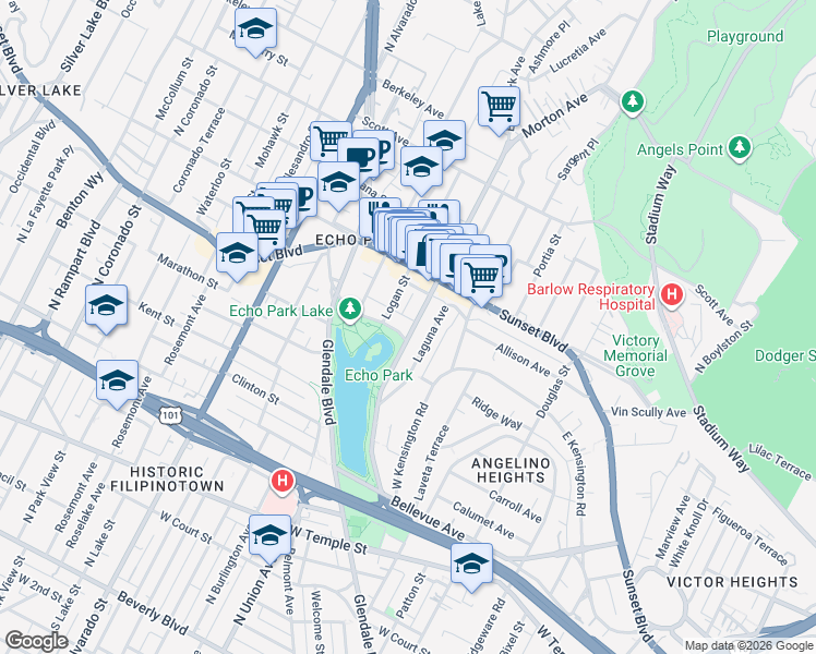 map of restaurants, bars, coffee shops, grocery stores, and more near 1111 Echo Park Avenue in Los Angeles