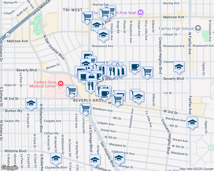 map of restaurants, bars, coffee shops, grocery stores, and more near in Los Angeles