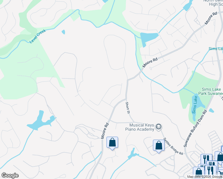 map of restaurants, bars, coffee shops, grocery stores, and more near 622 Rio Vista Court in Suwanee