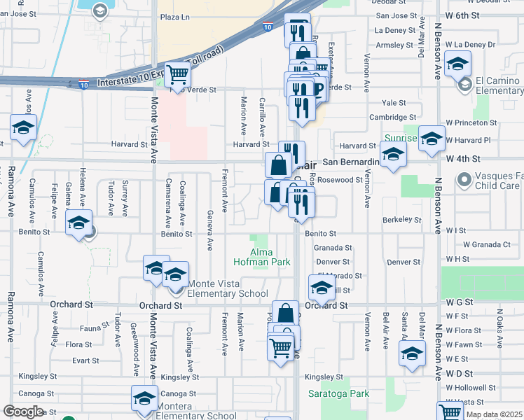 map of restaurants, bars, coffee shops, grocery stores, and more near 9845 Steamboat Drive in Montclair