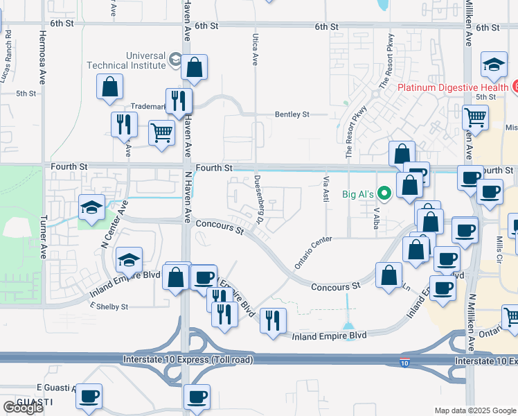 map of restaurants, bars, coffee shops, grocery stores, and more near 905 Duesenberg Drive in Ontario