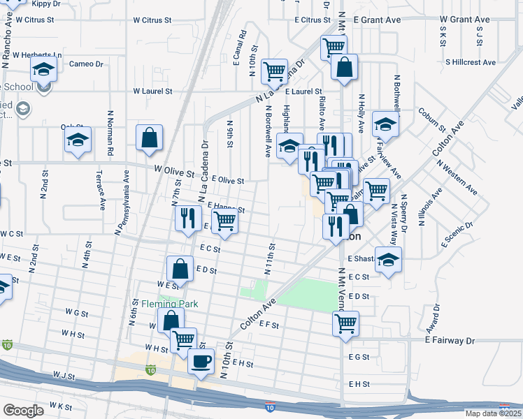 map of restaurants, bars, coffee shops, grocery stores, and more near 323 East Hanna Street in Colton
