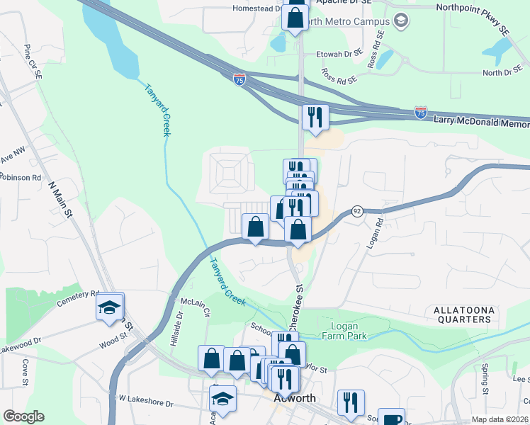 map of restaurants, bars, coffee shops, grocery stores, and more near 4206 Mastic Point in Acworth