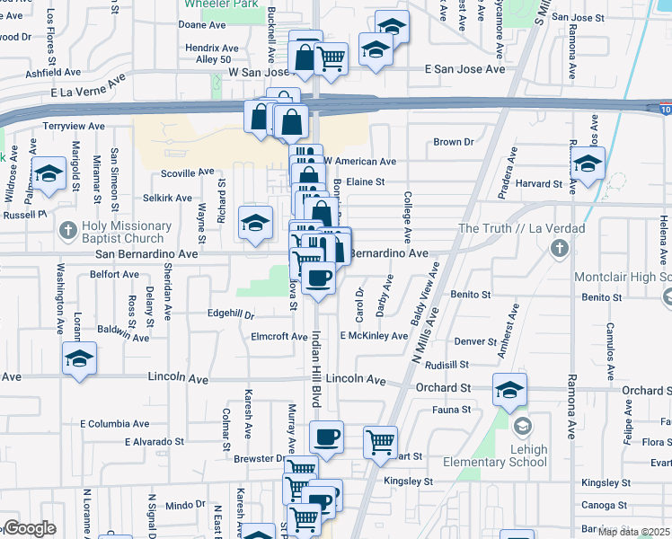 map of restaurants, bars, coffee shops, grocery stores, and more near 1668 Indian Hill Boulevard in Pomona