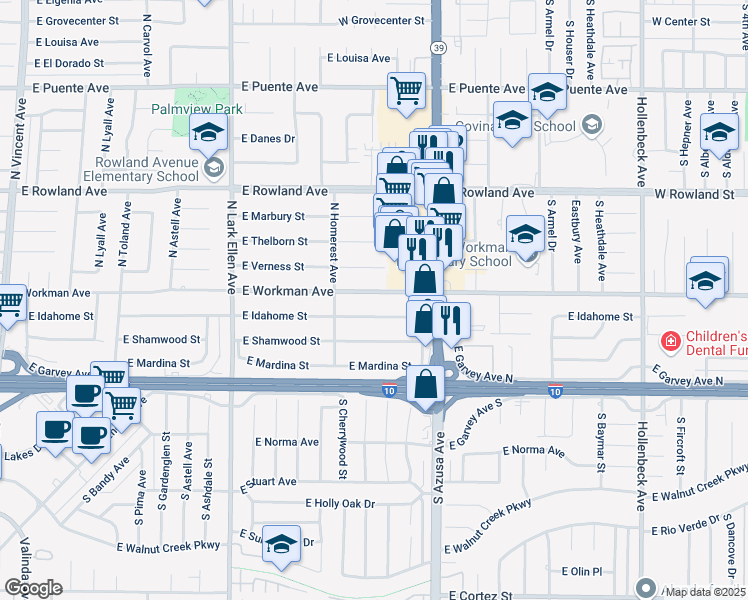 map of restaurants, bars, coffee shops, grocery stores, and more near 1634 E Workman Ave in West Covina