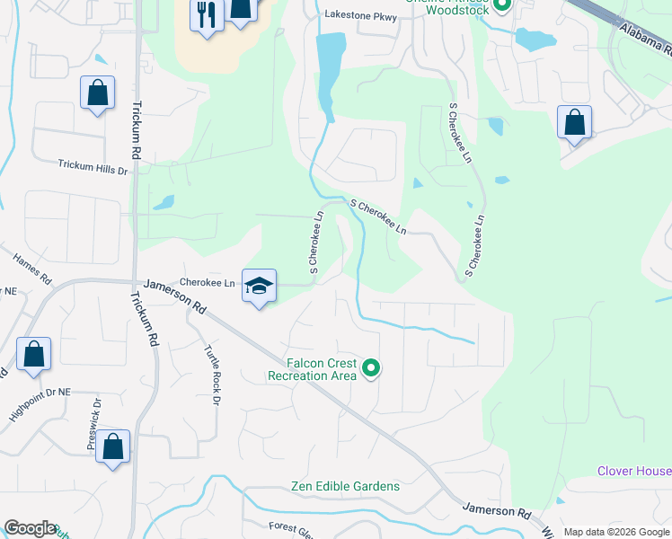map of restaurants, bars, coffee shops, grocery stores, and more near 2543 South Cherokee Lane in Woodstock