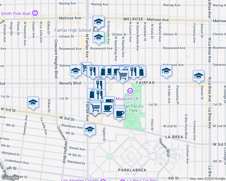 map of restaurants, bars, coffee shops, grocery stores, and more near 7716 Beverly Boulevard in Los Angeles
