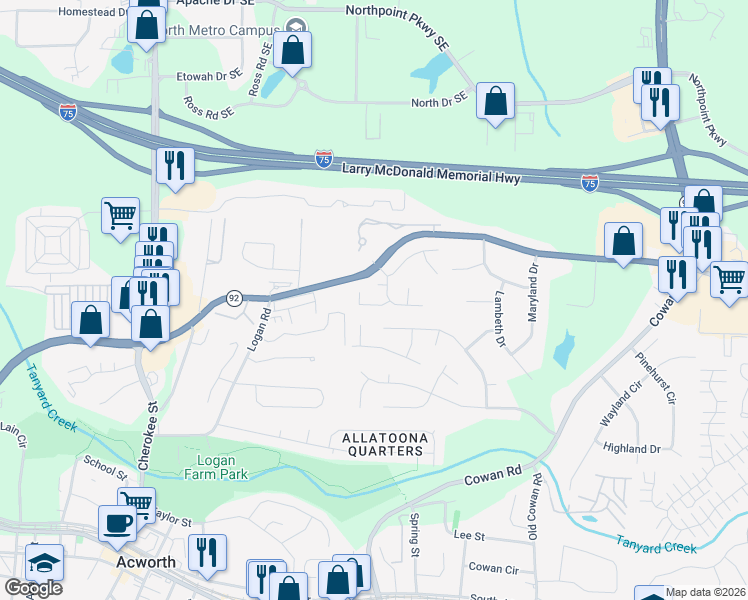 map of restaurants, bars, coffee shops, grocery stores, and more near 4022 Snowshoe Court in Acworth