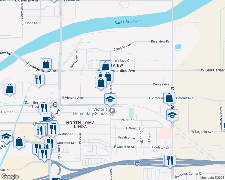 map of restaurants, bars, coffee shops, grocery stores, and more near 9811 Richardson Street in San Bernardino