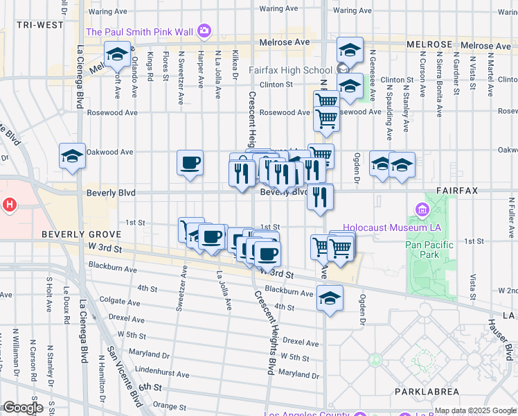 map of restaurants, bars, coffee shops, grocery stores, and more near 128 North Crescent Heights Boulevard in Los Angeles