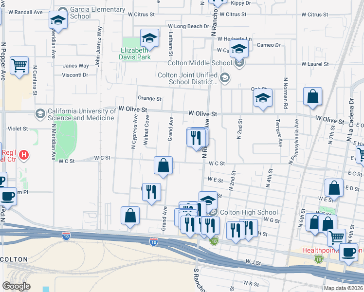 map of restaurants, bars, coffee shops, grocery stores, and more near 950 Grand Avenue in Colton