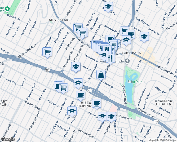 map of restaurants, bars, coffee shops, grocery stores, and more near 805 Rosemont Avenue in Los Angeles