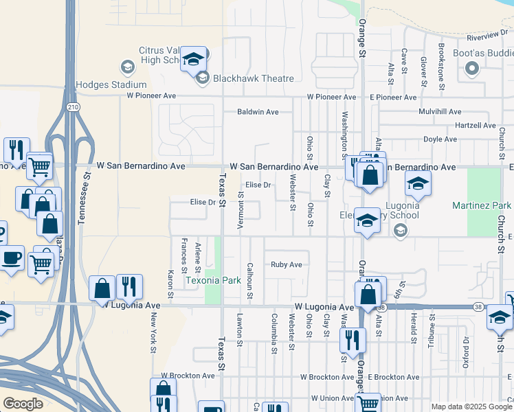 map of restaurants, bars, coffee shops, grocery stores, and more near 1531 Canterbury Circle in Redlands