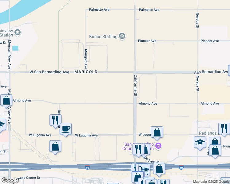 map of restaurants, bars, coffee shops, grocery stores, and more near 2125 San Bernardino Avenue in Redlands