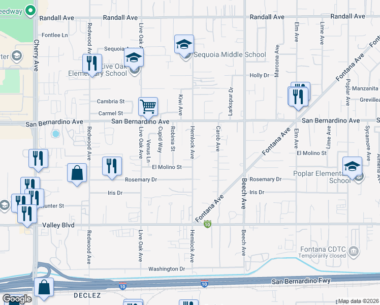 map of restaurants, bars, coffee shops, grocery stores, and more near 9820 Hemlock Avenue in Fontana