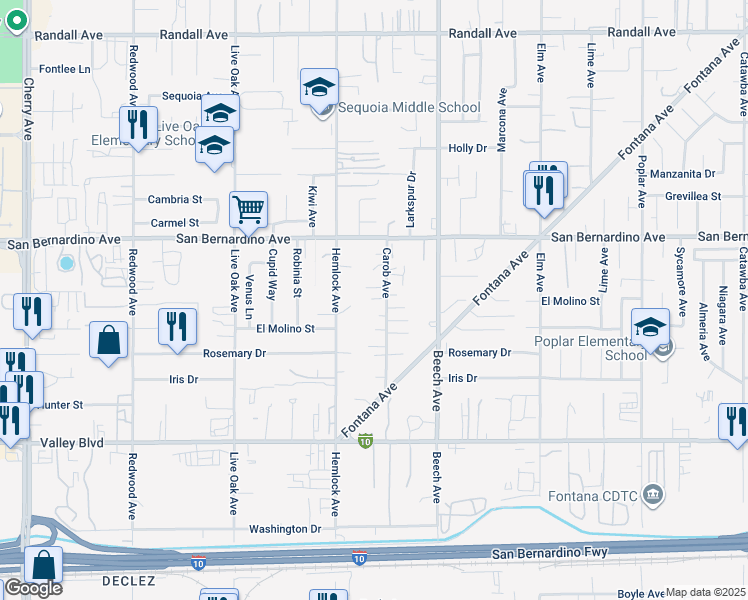 map of restaurants, bars, coffee shops, grocery stores, and more near 9828 Carob Avenue in Fontana