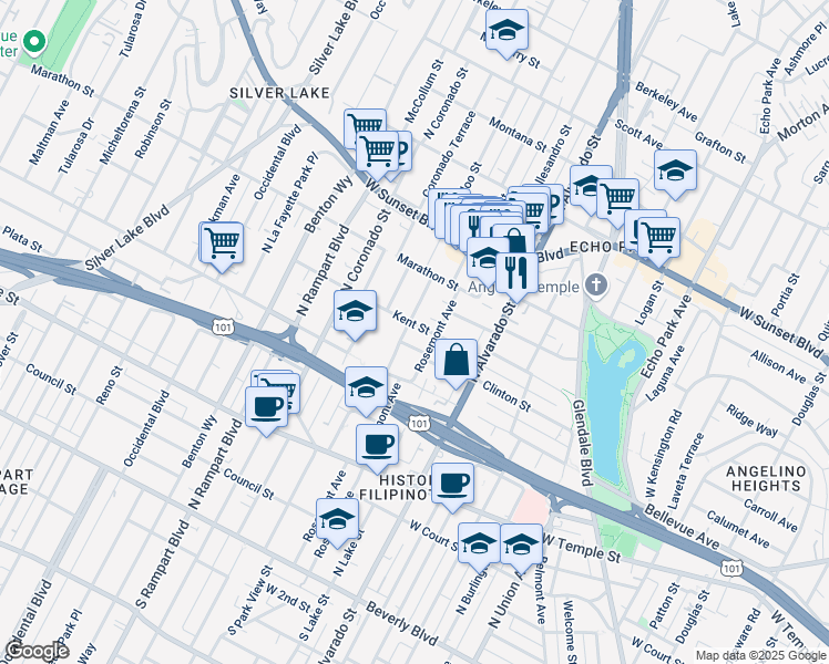 map of restaurants, bars, coffee shops, grocery stores, and more near 720 Waterloo Street in Los Angeles