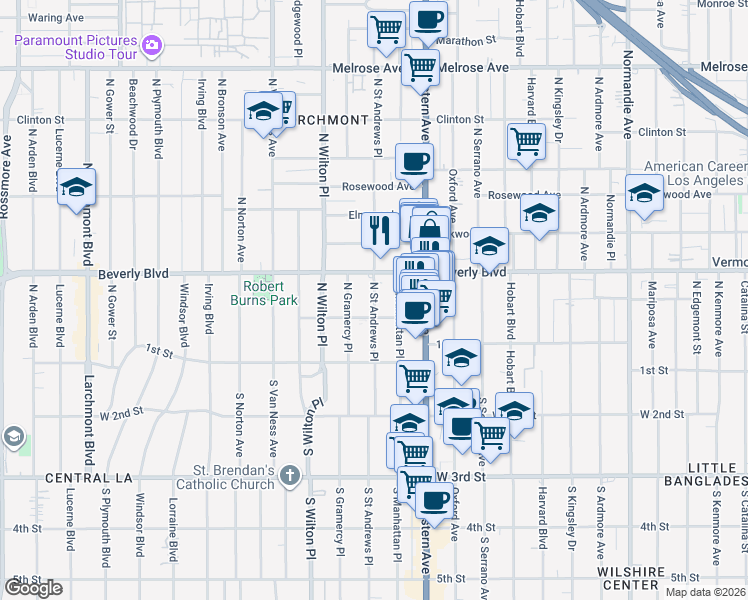 map of restaurants, bars, coffee shops, grocery stores, and more near 223 North Saint Andrews Place in Los Angeles