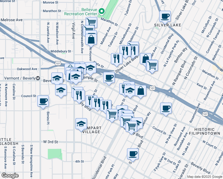 map of restaurants, bars, coffee shops, grocery stores, and more near 3200 West Temple Street in Los Angeles