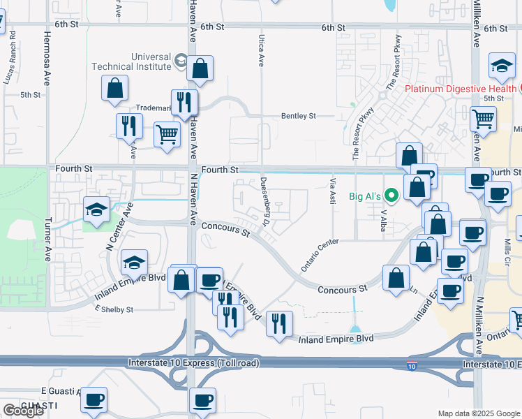 map of restaurants, bars, coffee shops, grocery stores, and more near 905 Duesenberg Drive in Ontario