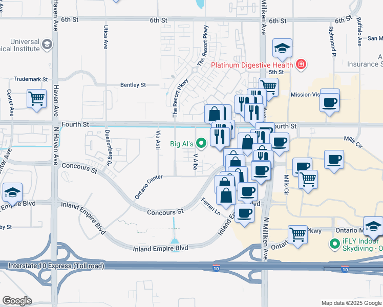map of restaurants, bars, coffee shops, grocery stores, and more near 964 North Divino Privado in Ontario