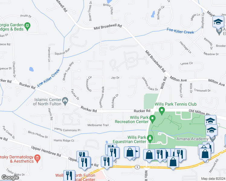 map of restaurants, bars, coffee shops, grocery stores, and more near 101 Cains Cove Drive in Alpharetta
