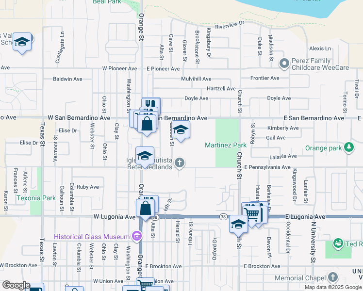 map of restaurants, bars, coffee shops, grocery stores, and more near 501 East Pennsylvania Avenue in Redlands