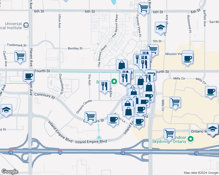 map of restaurants, bars, coffee shops, grocery stores, and more near 1000 North Tangent Privado in Ontario