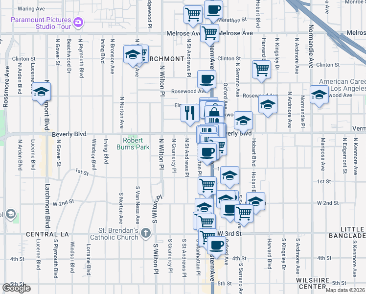 map of restaurants, bars, coffee shops, grocery stores, and more near 223 North Saint Andrews Place in Los Angeles