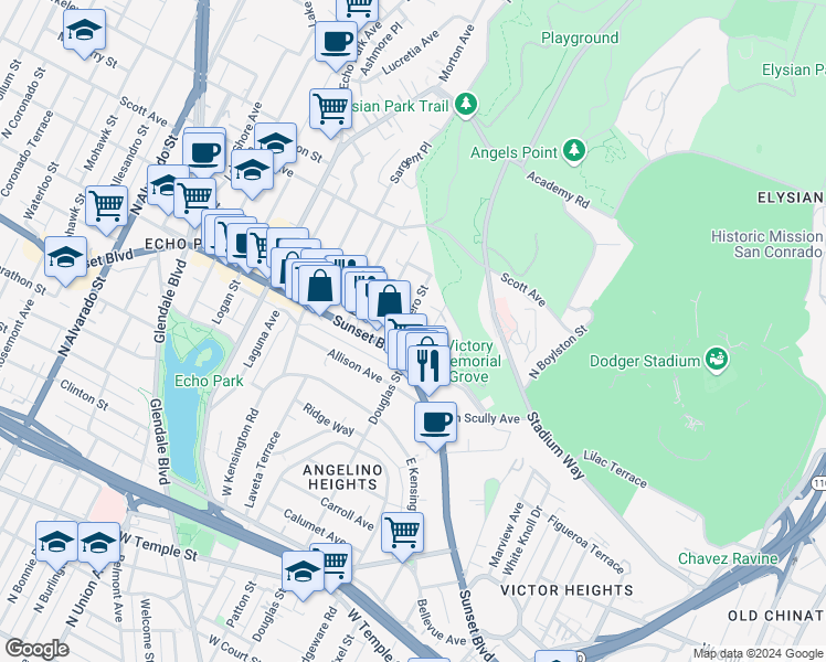 map of restaurants, bars, coffee shops, grocery stores, and more near 1326 Quintero Street in Los Angeles