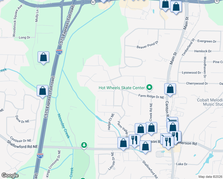 map of restaurants, bars, coffee shops, grocery stores, and more near 324 Farm Place Court Northeast in Woodstock