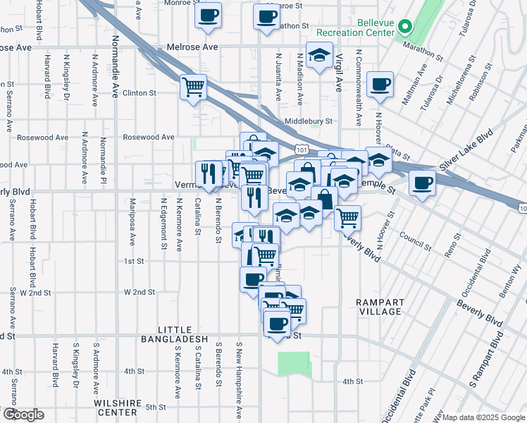 map of restaurants, bars, coffee shops, grocery stores, and more near 200 North Vermont Avenue in Los Angeles