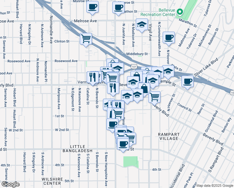map of restaurants, bars, coffee shops, grocery stores, and more near 200 North Vermont Avenue in Los Angeles