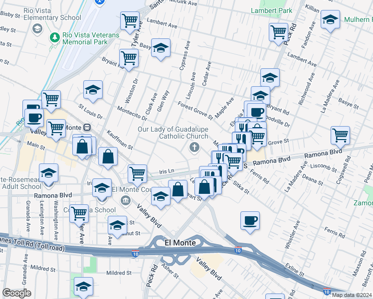 map of restaurants, bars, coffee shops, grocery stores, and more near in El Monte