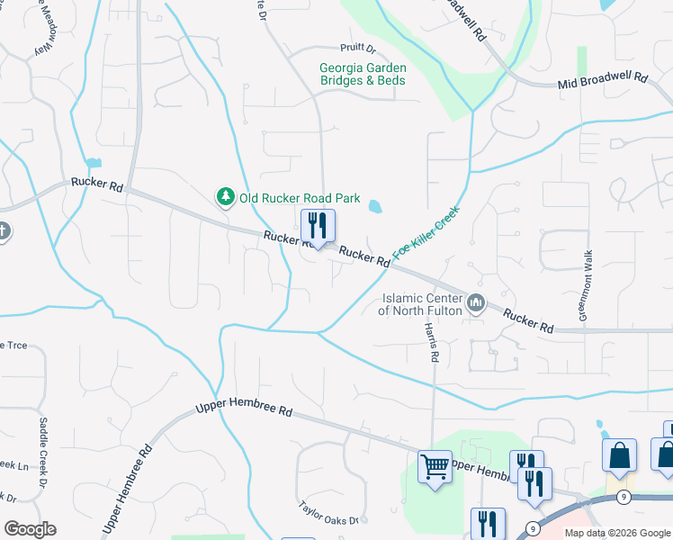 map of restaurants, bars, coffee shops, grocery stores, and more near 1055 Creekwalk Drive in Alpharetta