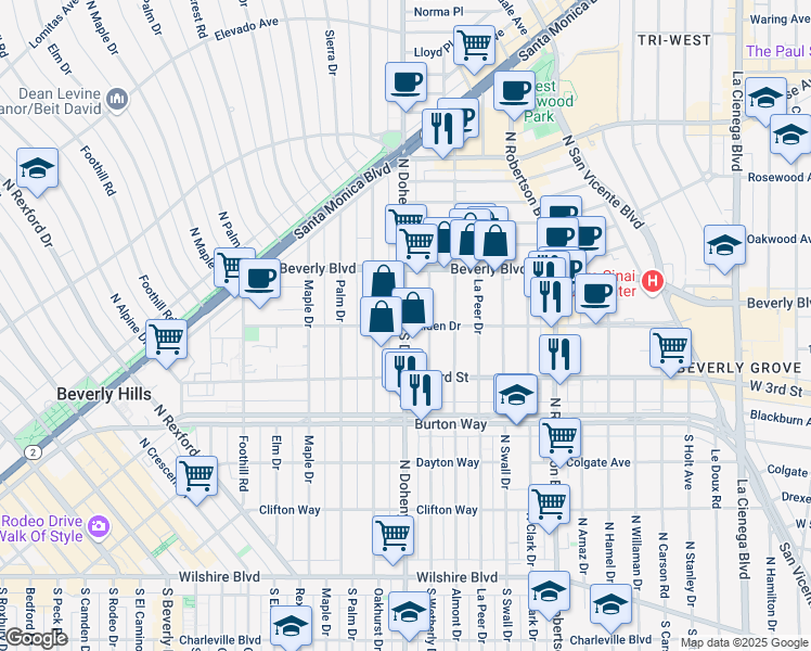 map of restaurants, bars, coffee shops, grocery stores, and more near S Doheny Dr & Alden Dr in Los Angeles