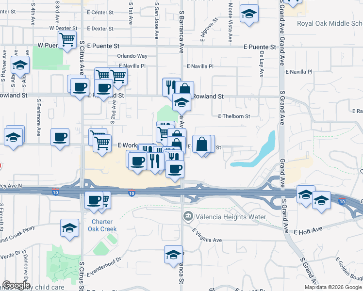 map of restaurants, bars, coffee shops, grocery stores, and more near South Barranca Avenue in West Covina
