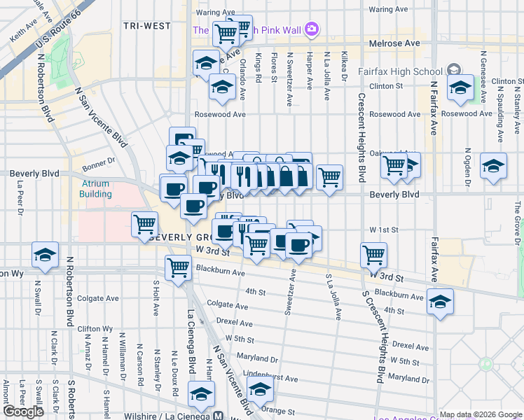 map of restaurants, bars, coffee shops, grocery stores, and more near 126 Kings Road in Los Angeles