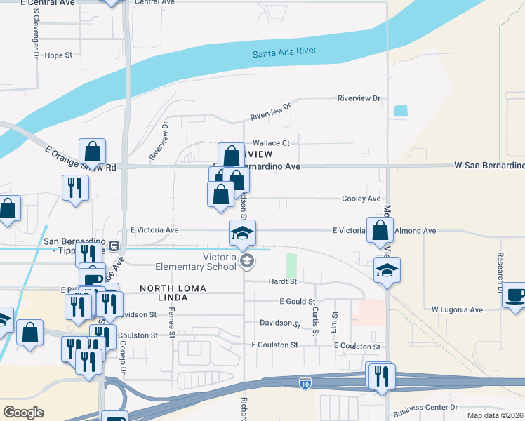 map of restaurants, bars, coffee shops, grocery stores, and more near 1677 Cooley Avenue in San Bernardino