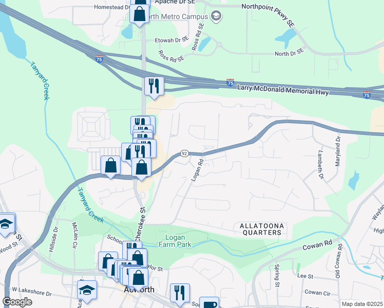 map of restaurants, bars, coffee shops, grocery stores, and more near Lake Acworth Dr & Cardinal Way in Acworth