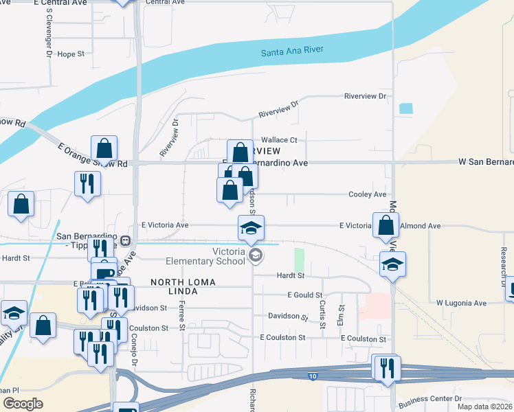 map of restaurants, bars, coffee shops, grocery stores, and more near 9811 Richardson Street in San Bernardino