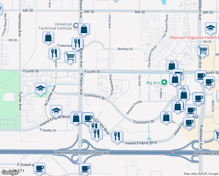 map of restaurants, bars, coffee shops, grocery stores, and more near 905 Duesenberg Drive in Ontario