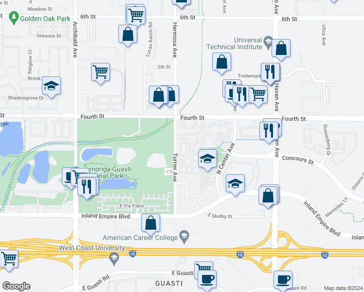 map of restaurants, bars, coffee shops, grocery stores, and more near 1016 Hermosa Avenue in Ontario