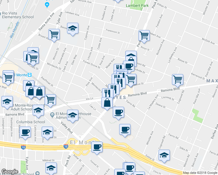 map of restaurants, bars, coffee shops, grocery stores, and more near 11500 Medina Court in El Monte