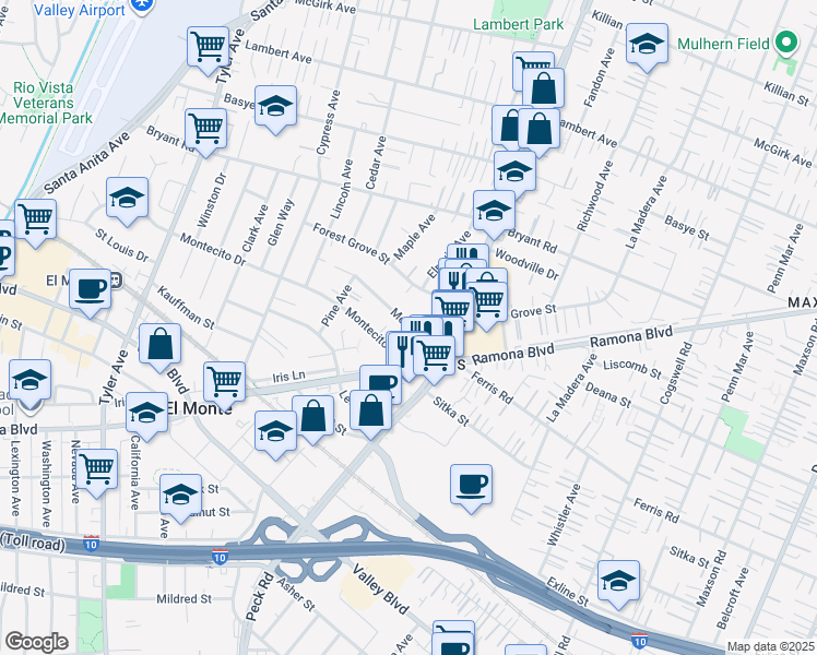 map of restaurants, bars, coffee shops, grocery stores, and more near 11500 Medina Court in El Monte