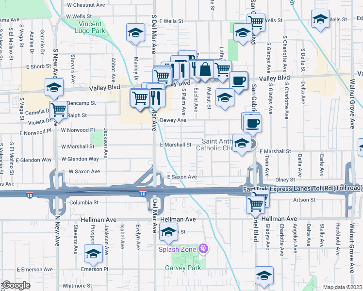 map of restaurants, bars, coffee shops, grocery stores, and more near 333 East Marshall Street in San Gabriel