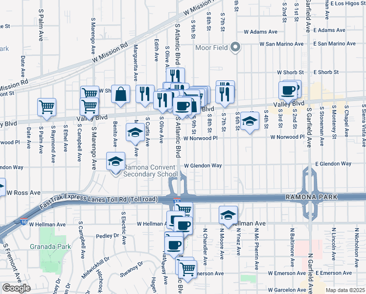 map of restaurants, bars, coffee shops, grocery stores, and more near 1608 South Atlantic Boulevard in Alhambra
