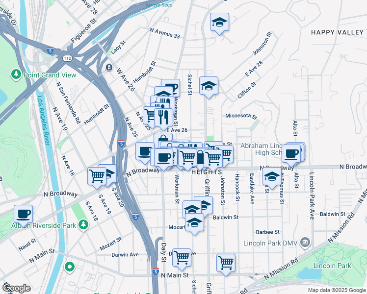 map of restaurants, bars, coffee shops, grocery stores, and more near 2503 Sichel Street in Los Angeles