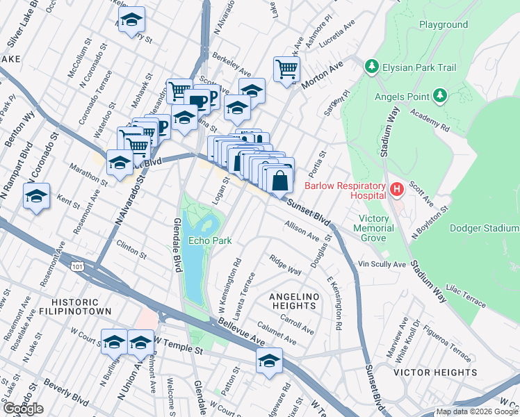 map of restaurants, bars, coffee shops, grocery stores, and more near 1076 Laguna Avenue in Los Angeles