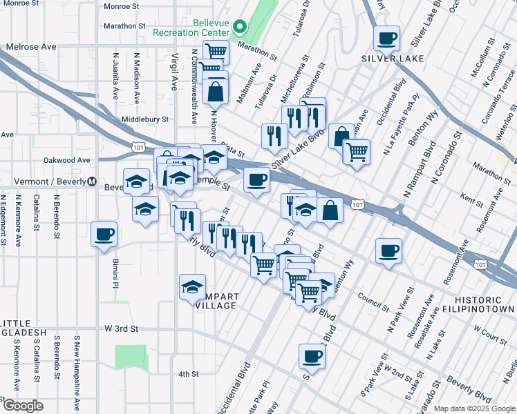 map of restaurants, bars, coffee shops, grocery stores, and more near 3121 West Temple Street in Los Angeles